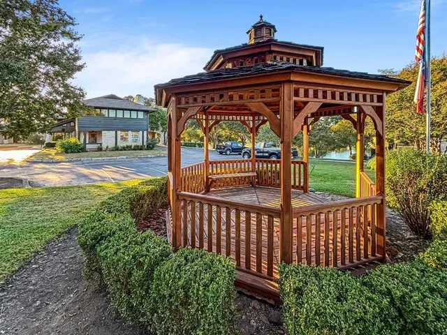 an outdoor space with seating