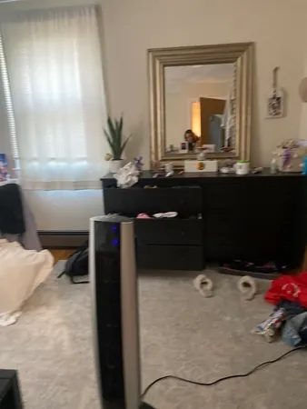 a living room with a bed and a dresser