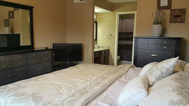 a bedroom with a bed and a flat screen tv