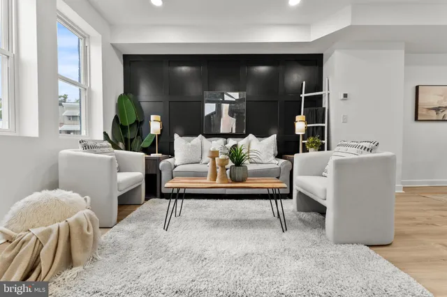 a living room with furniture and a potted plant