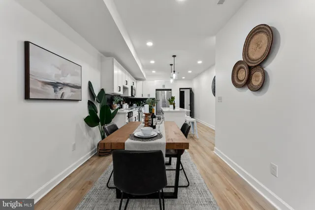 a view of a dining room with furniture