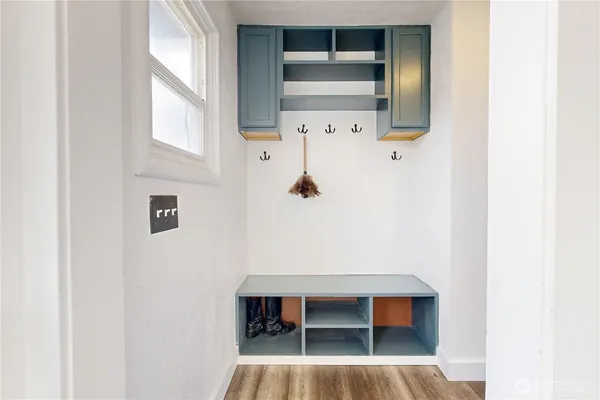 a room with table and window