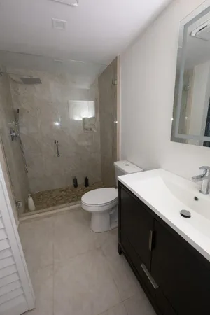 a bathroom with a sink a toilet and shower