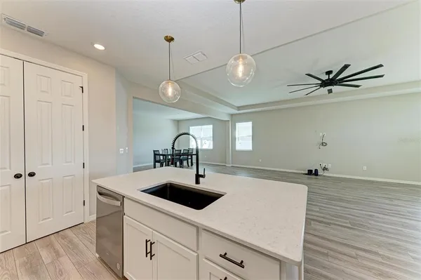 a kitchen with a sink a counter space and appliances