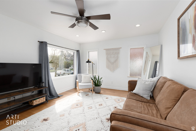 265 West 200 North Logan, UT 84321 - Photo 4 of 31 Living room featuring light wood-style flooring, ceiling fan, and recessed lighting