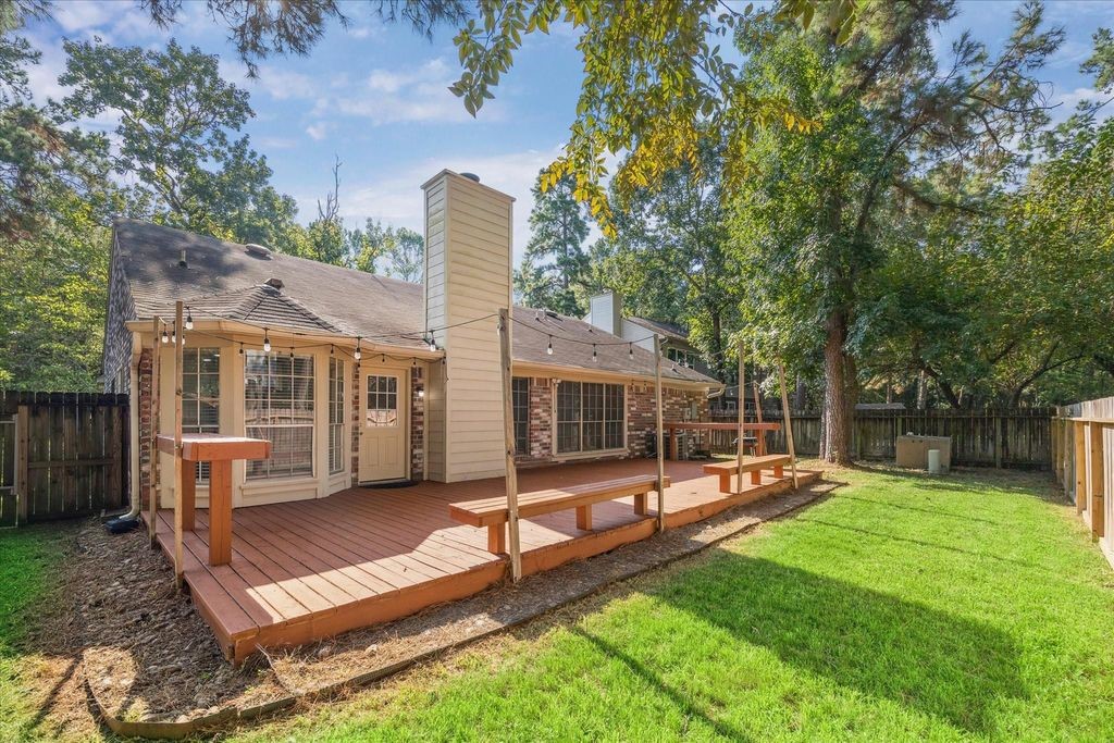 143 West Village Knoll Circle Spring, TX 77381 - Photo 25 of 27
An oversized wood deck perfect for outdoor entertaining or relaxing in the shade. Built-in seating adds convenience, while the fully fenced yard provides privacy and security—ideal for kids, pets, or simply enjoying your own outdoor escape.