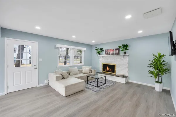 a living room with furniture a fireplace and a potted plant