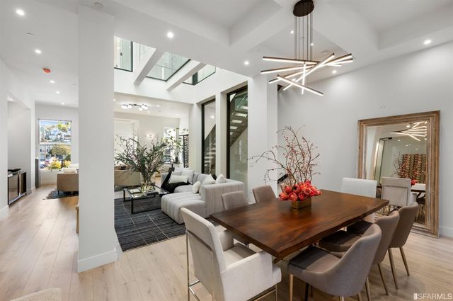 a view of a dining room with furniture and wooden floor
