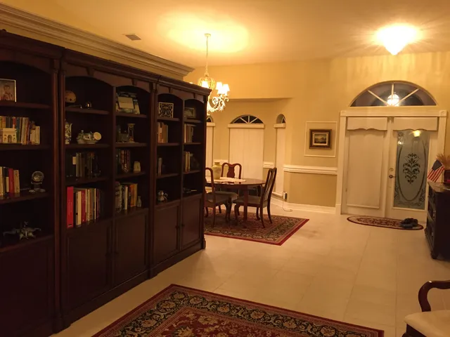 a living room with a couch and a potted plant
