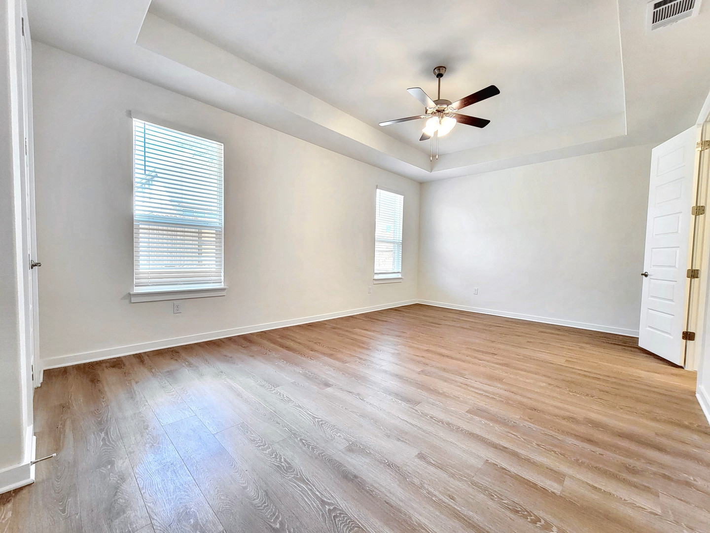 2329 Gabriels Horn Road Leander, TX 78641 - Photo 8 of 23 A spacious primary bedroom featuring a tray ceiling and wood-style flooring for a welcoming atmosphere.