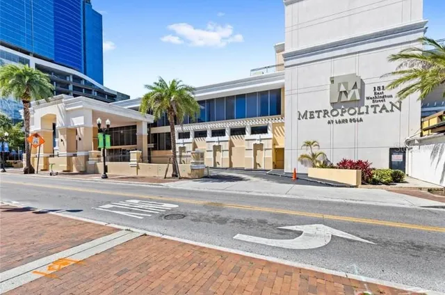 a view of a building with a street