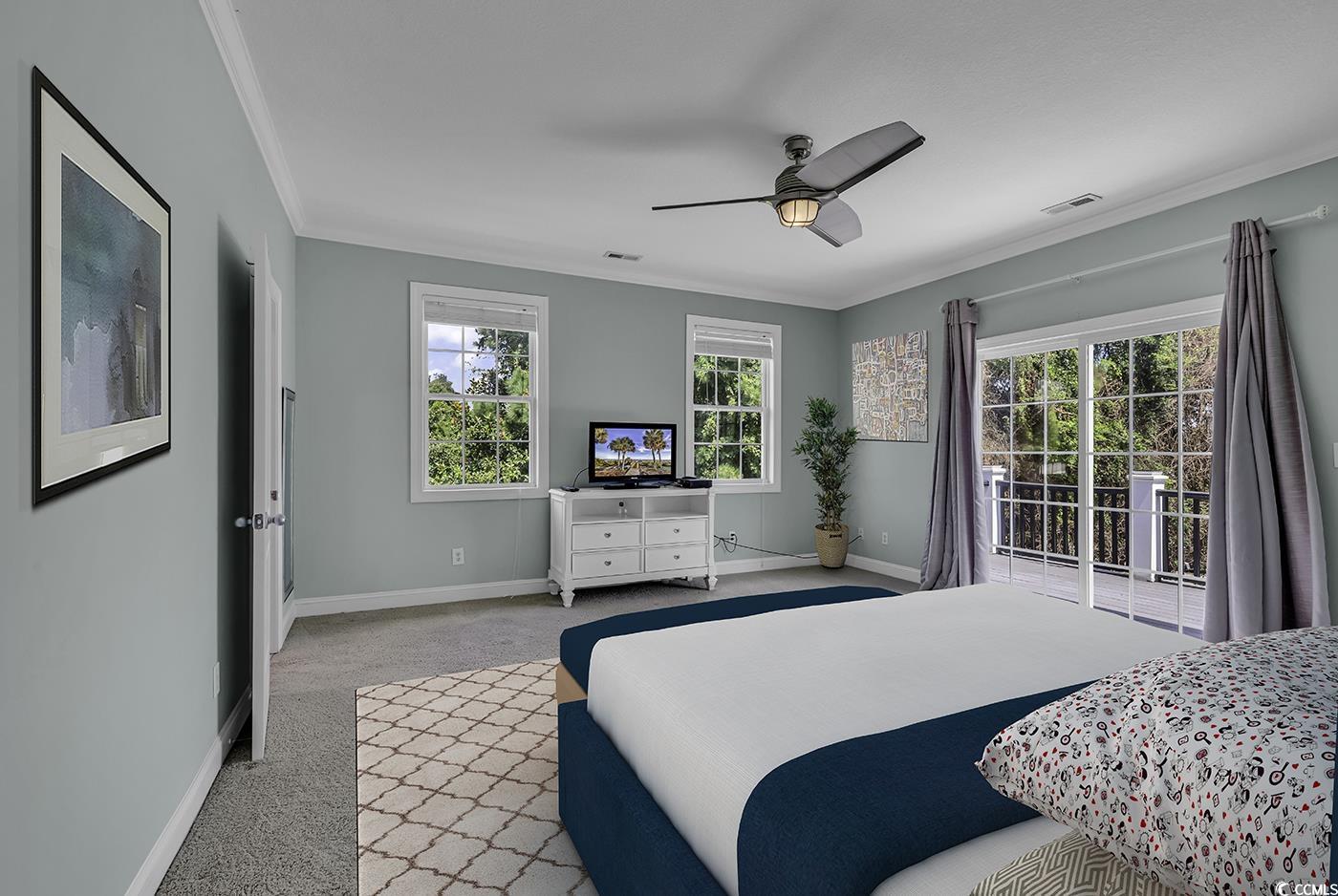 6 Cottage Drive Murrells Inlet, SC 29576 - Photo 15 of 31 Living room featuring ceiling fan, ornamental molding, and light wood-type flooring