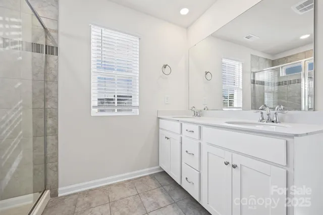 a bathroom with a double vanity sink a mirror and a shower