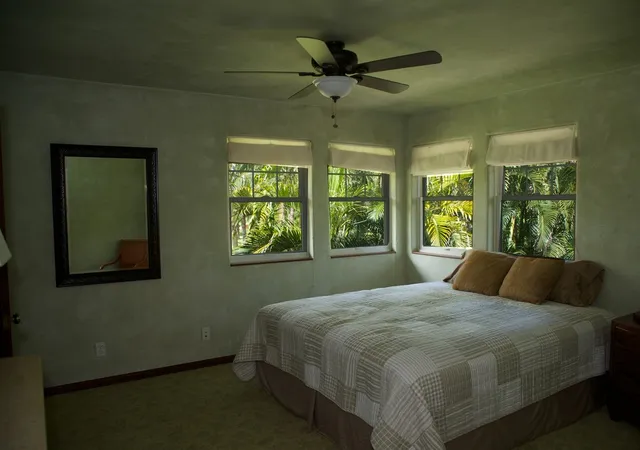 a bedroom with a large bed and a window