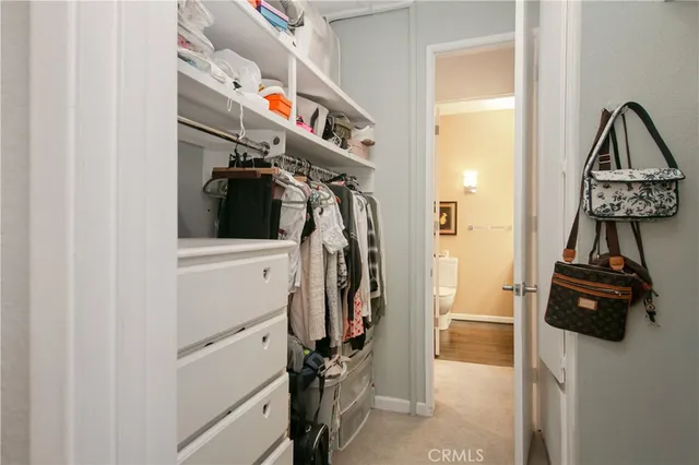 a view of walk in closet with clothes and shoes