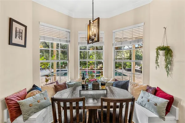 a view of a dining room with furniture window and outside view