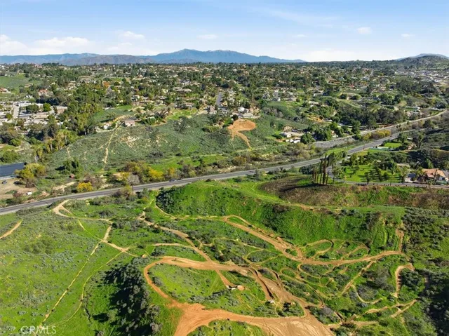 an aerial view of residential houses with outdoor space and trees