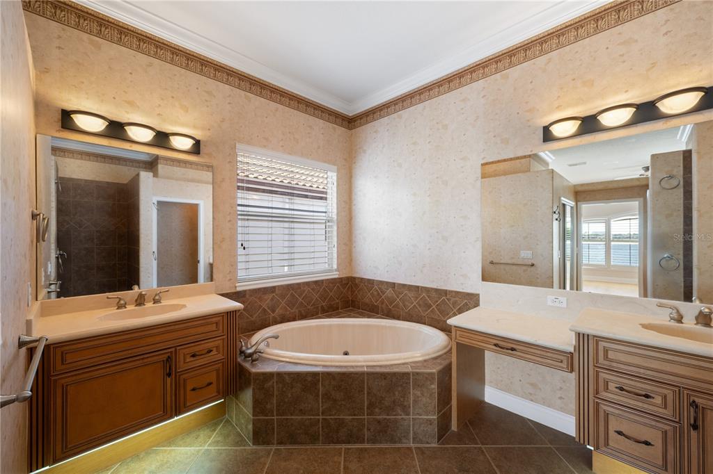 8119 Vía Rosa Orlando, FL 32836 - Photo 25 of 62 a bathroom with a granite countertop sink a mirror and a bathtub
