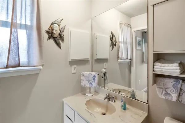 a bathroom with a sink and a mirror