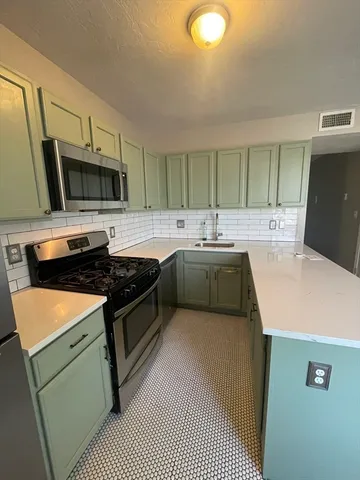a kitchen with a sink a stove and cabinets