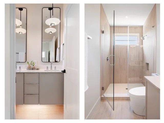 a bathroom with a sink a toilet and shower