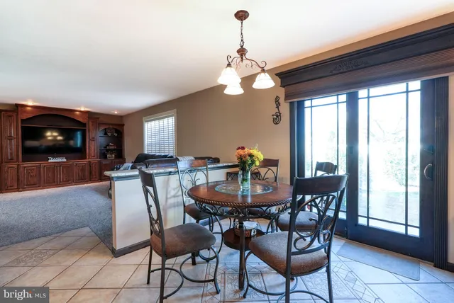 a view of a dining room with furniture window and outside view