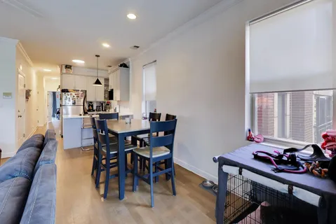 a view of a dining room with furniture