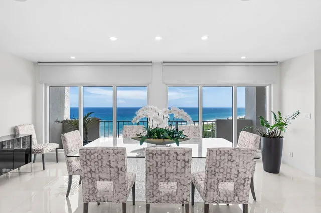 a dining room with furniture a potted plant and a large window