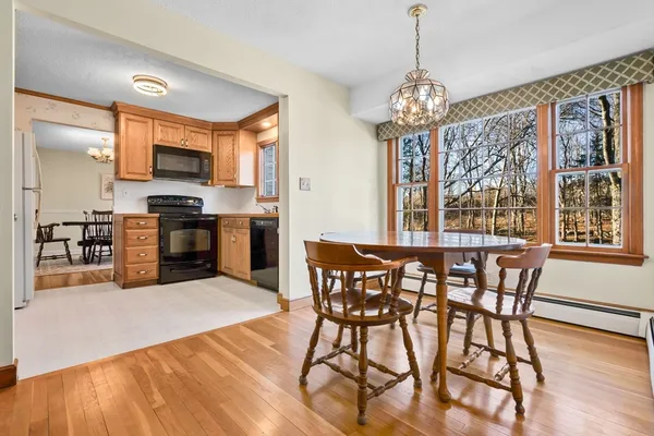 a view of a dining room with furniture window and wooden floor