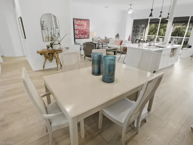 a view of a dining room with furniture