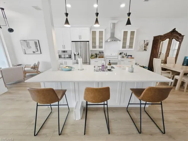 a view of a dining room with furniture