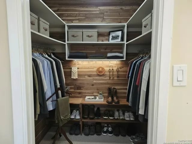 a view of walk in closet with clothes and shoes
