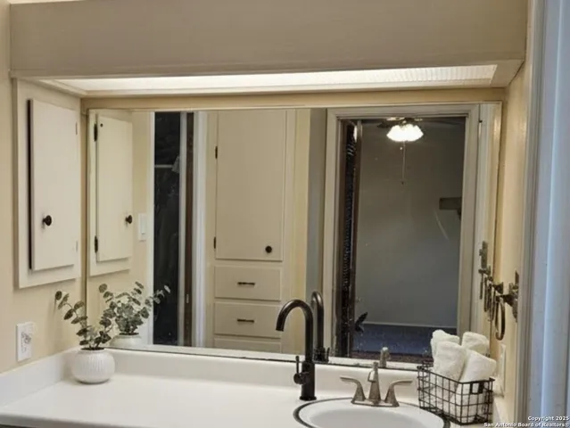 a bathroom with a sink and a mirror