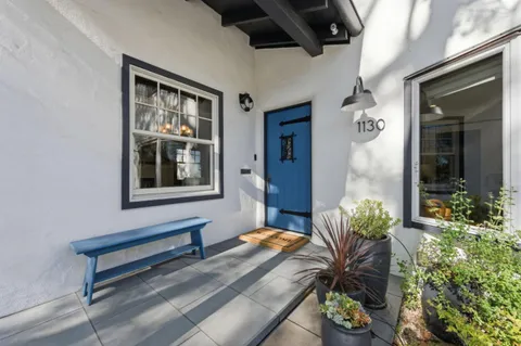 a potted plant sitting in front of a house