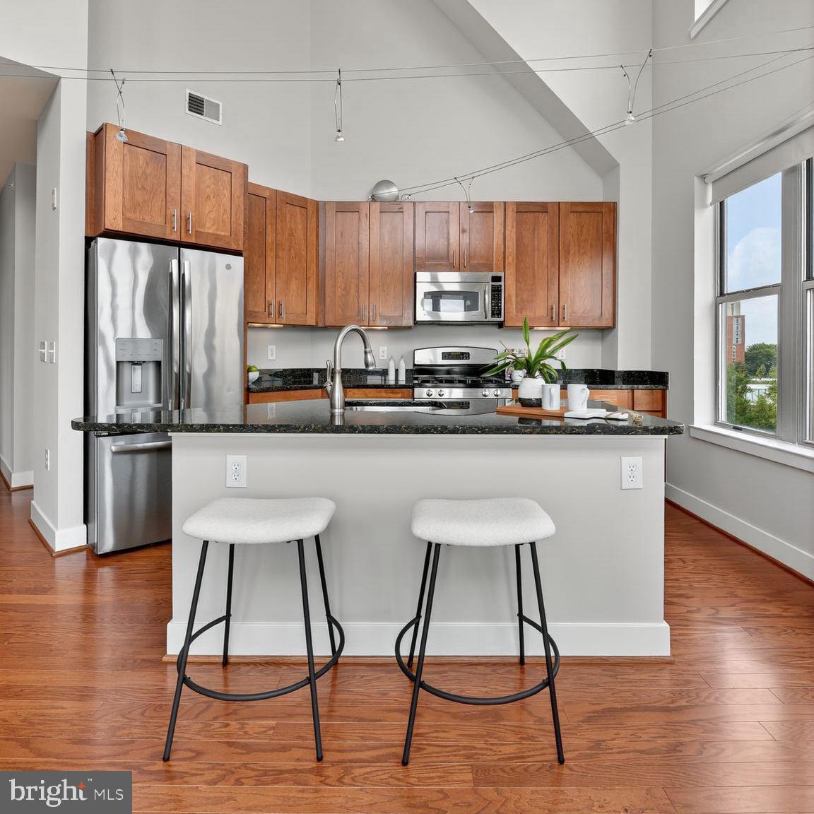 1800 Wilson Boulevard, Unit 449 Arlington, VA 22201 - Photo 13 of 99 a kitchen with stainless steel appliances a dining table chairs microwave and cabinets