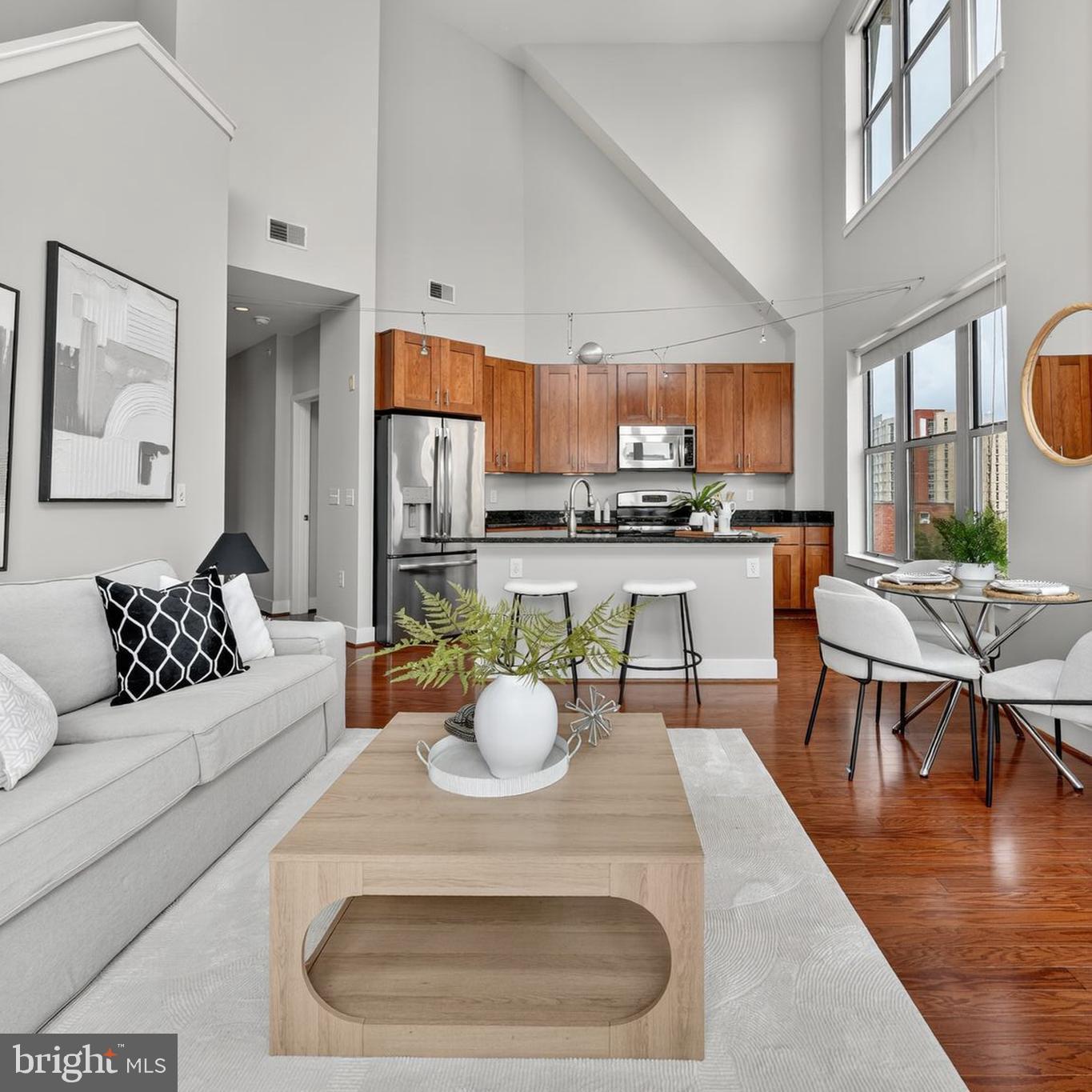 1800 Wilson Boulevard, Unit 449 Arlington, VA 22201 - Photo 31 of 99 a living room with stainless steel appliances furniture a rug and a kitchen view