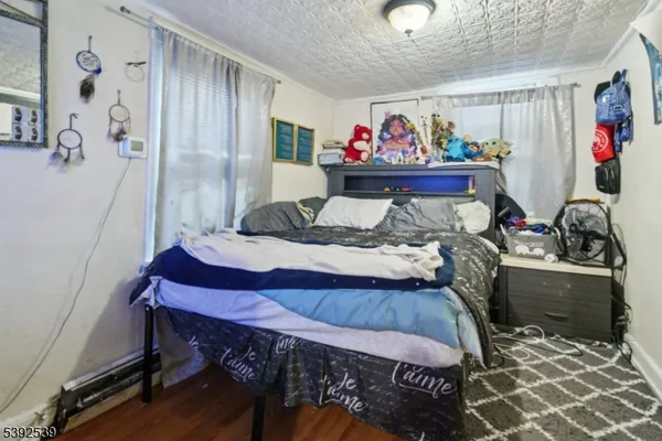 a bed room with a bed and a table