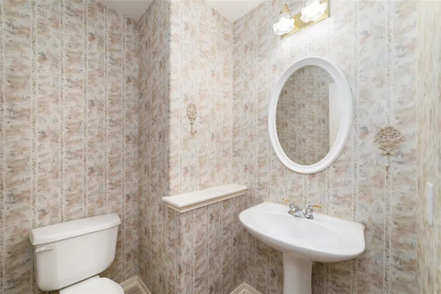 a bathroom with a sink a toilet and a mirror