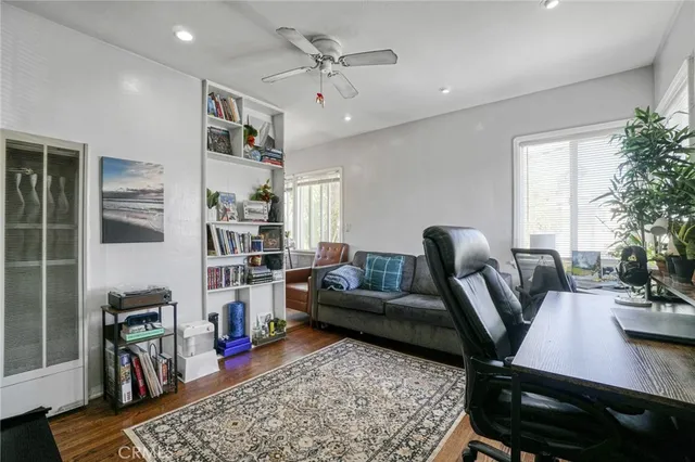 a living room with furniture a rug and a potted plant