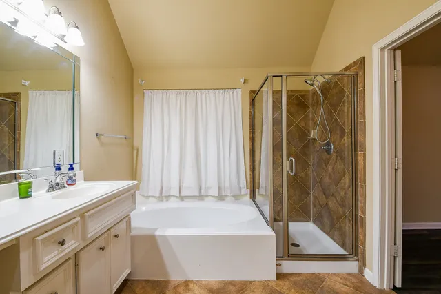 a bathroom with a sink a mirror and a shower