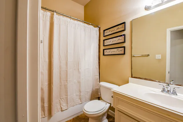 a bathroom with a sink a toilet a mirror and shower curtain