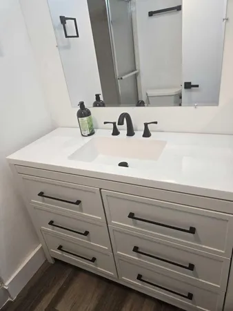 a bathroom with a sink and a mirror