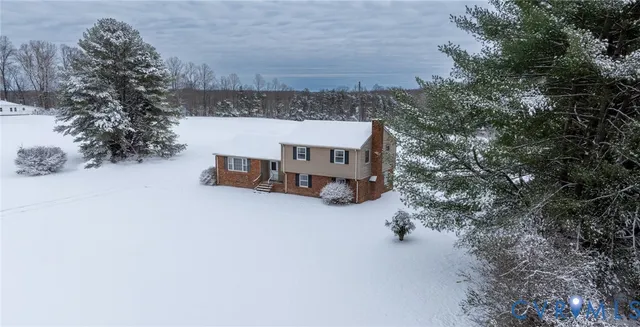 an aerial view of a house with a yard and covered with tall trees