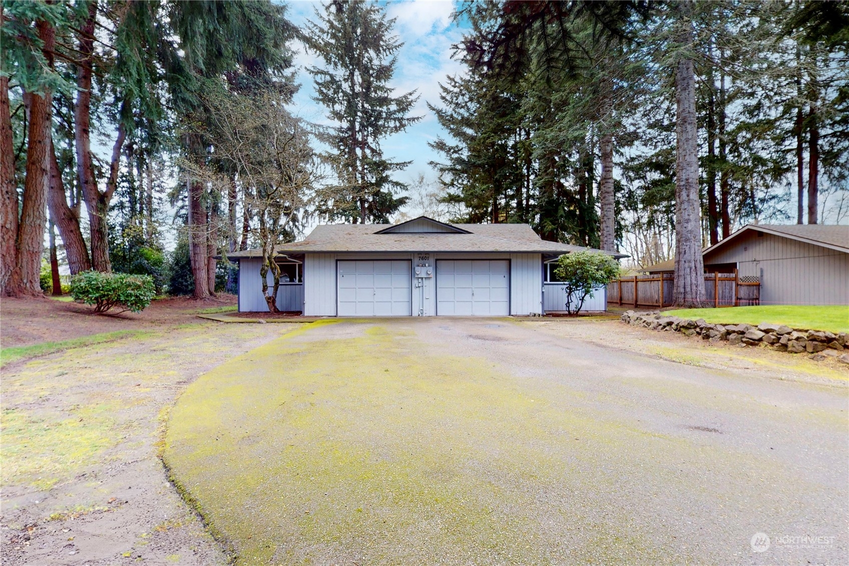 front view of a house with a yard and a large tree