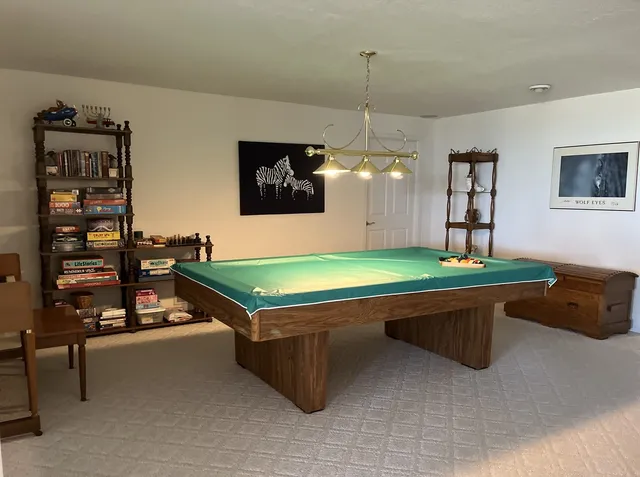 a room with pool table and wall paintings