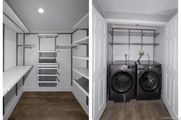 a view of a storage and utility room with washer and dryer