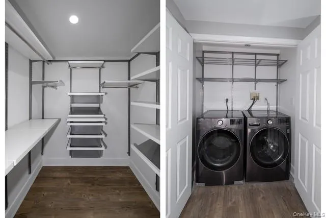 a view of a storage and utility room with washer and dryer