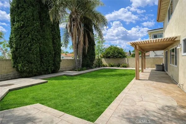 a view of a yard with plants and palm trees
