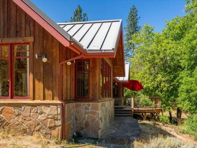 a view of a yard with plants and trees