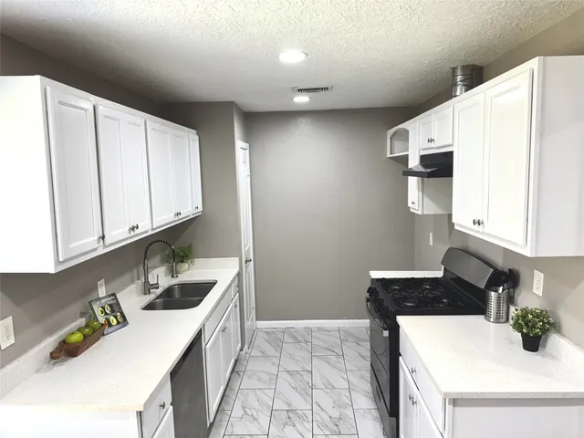 a kitchen with granite countertop a sink a stove and cabinets